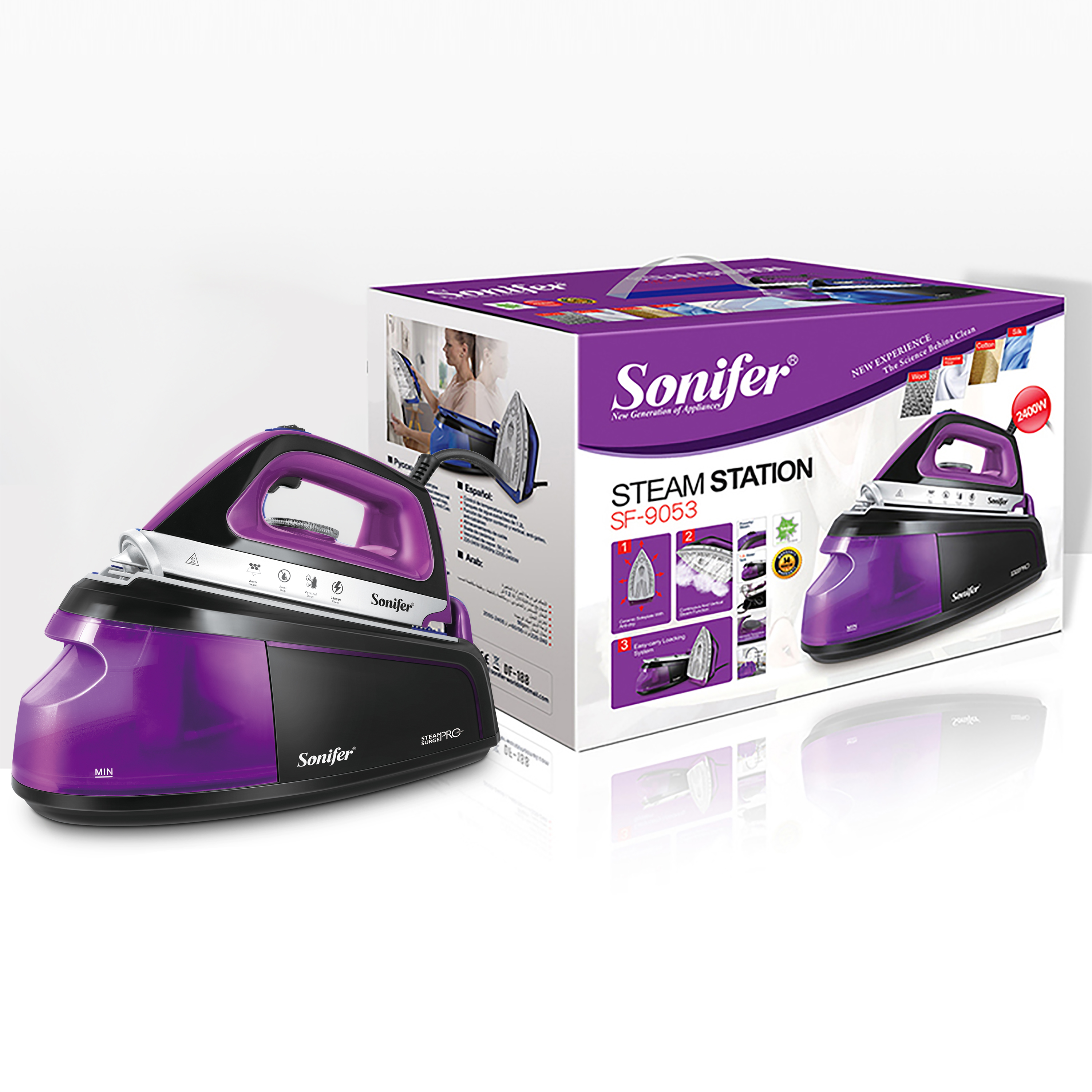 Sonifer SF-9053 Buxar Stansiyalı Ütü – 2400W Gücündə, Keramika Altlıqlı və Anti-Drip Sistemli
